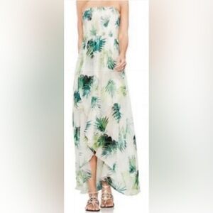 Vince Camuto White Strapless Maxi Dress with Green Palm Print